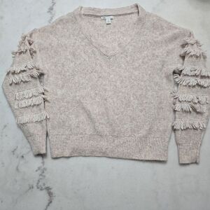 Cato V-Neck Sweater with Fringe Sleeves - Beige